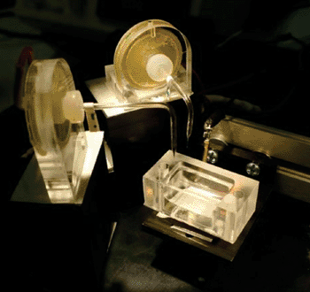Image: The droplet network printer: two droplet generators, each with a glass capillary nozzle, next to an oil well mounted on a motorized micromanipulator (Photo courtesy of Oxford University/G. Villar).